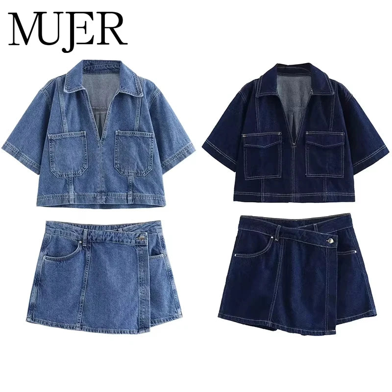 MUJER Blue Denim Shirt Woman Short Sleeve Cropped Shirt Women Summer Short Tops Woman Streetwear Y2k Stylish Women's Blouses